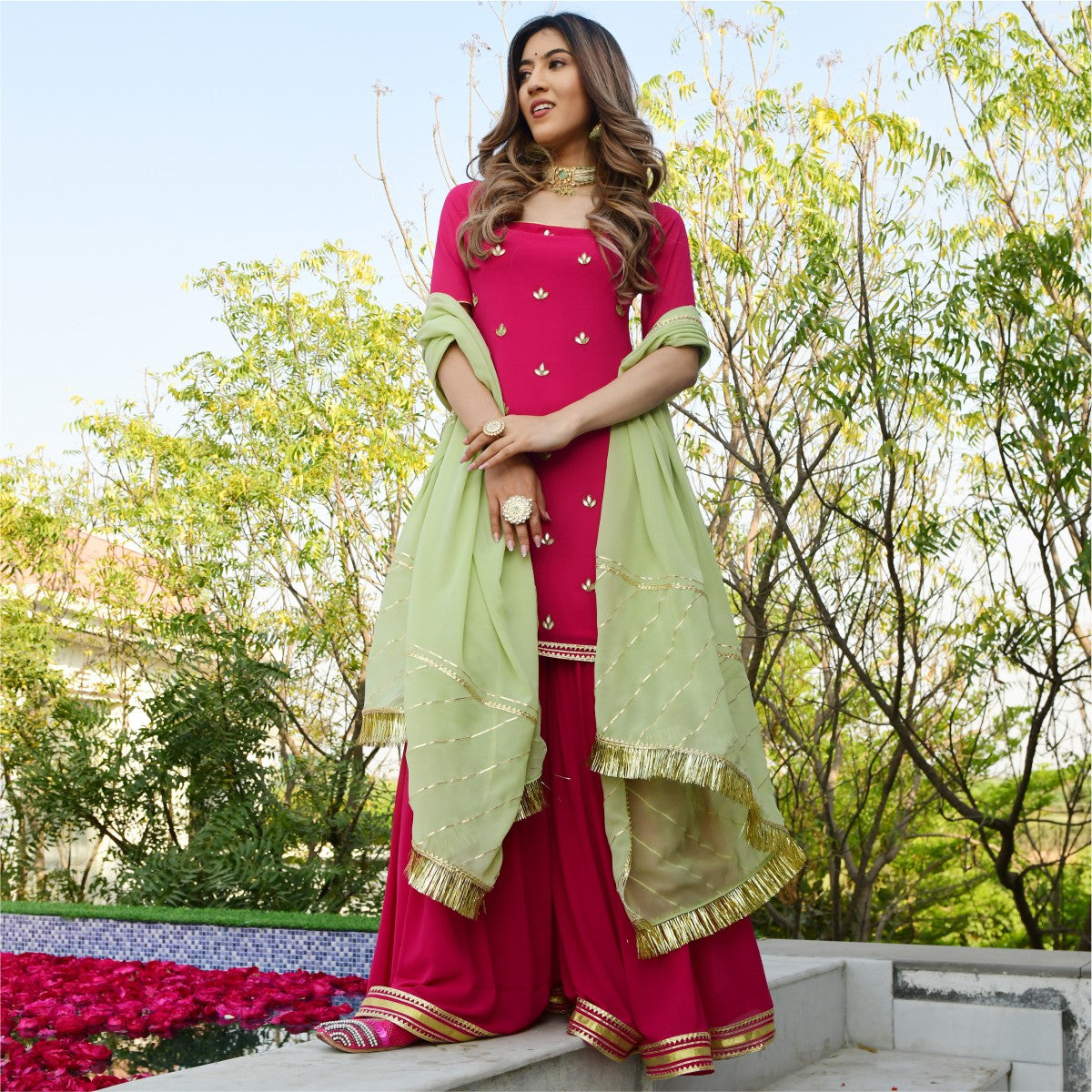 Pink georgette kurta and sharara set