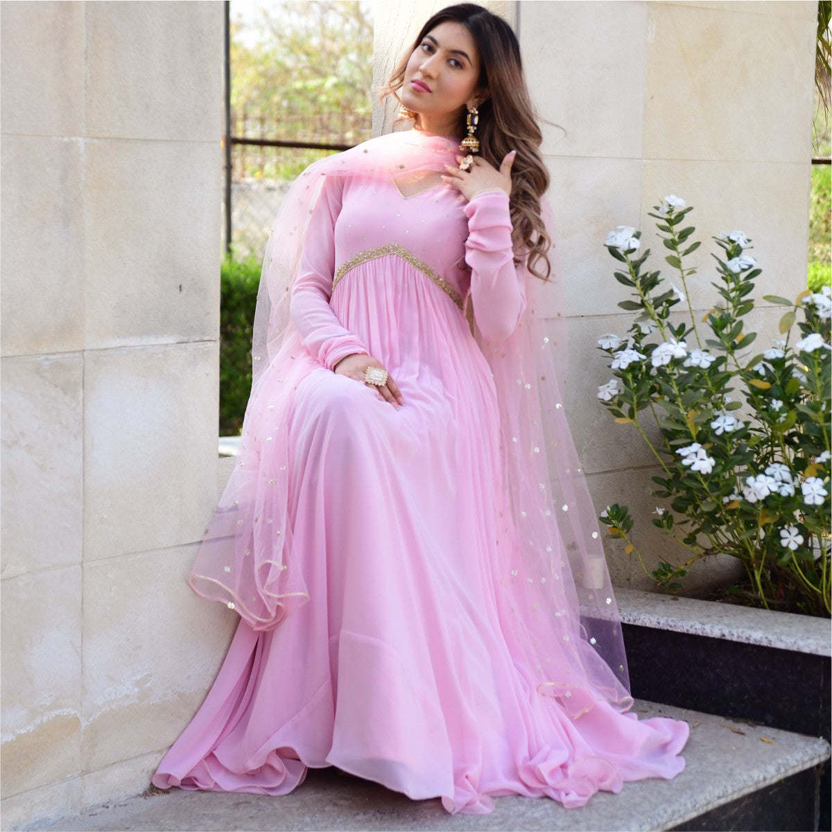 Baby Pink Georgette Long Dress