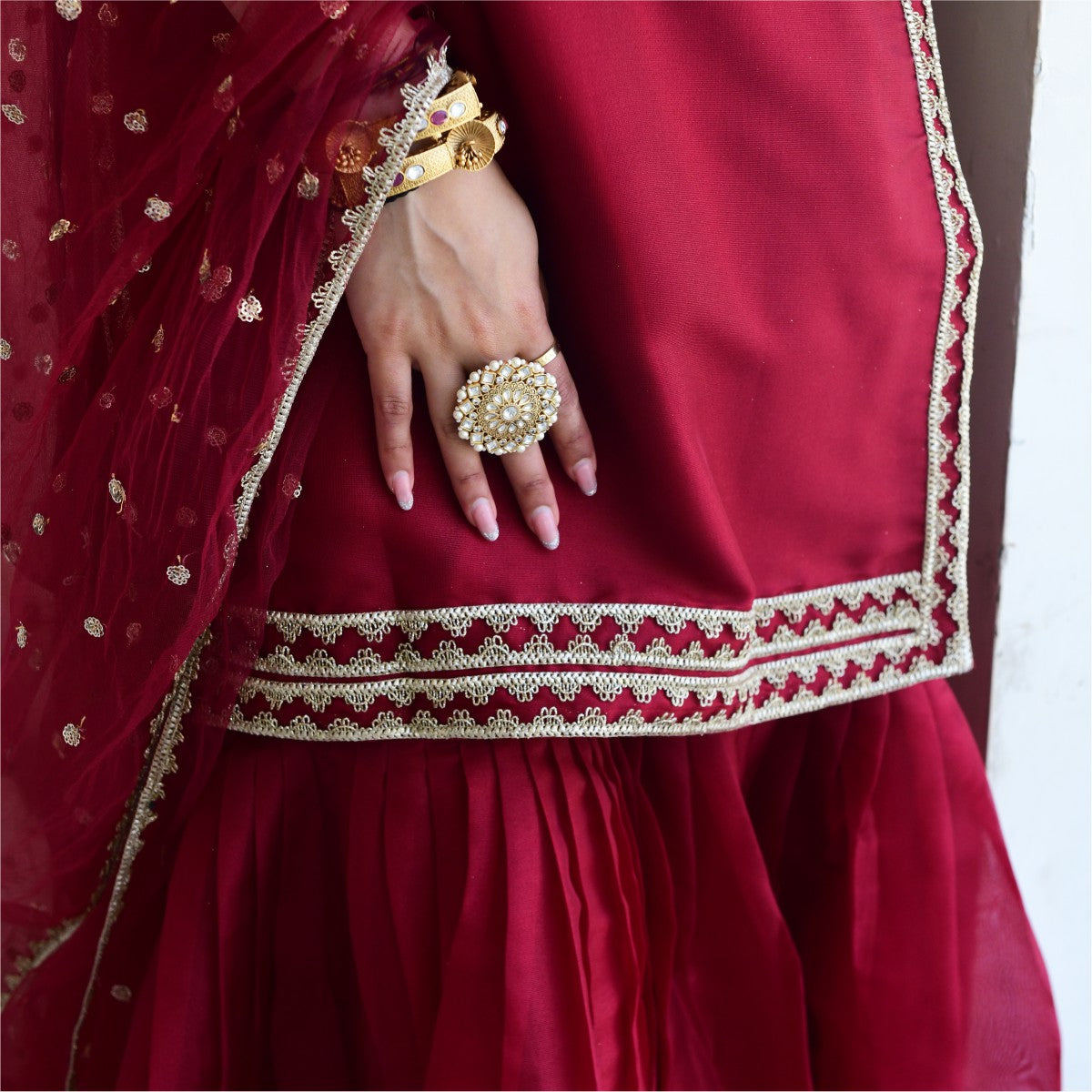 Maroon Organza Kurta And Sharara Set