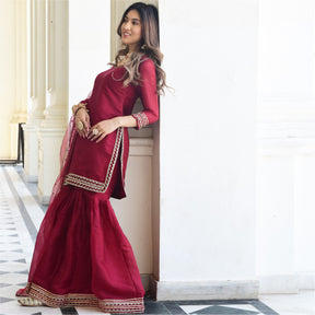 Maroon Organza Kurta And Sharara Set