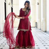 Maroon Organza Kurta And Sharara Set