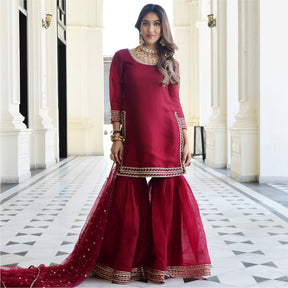 Maroon Organza Kurta And Sharara Set