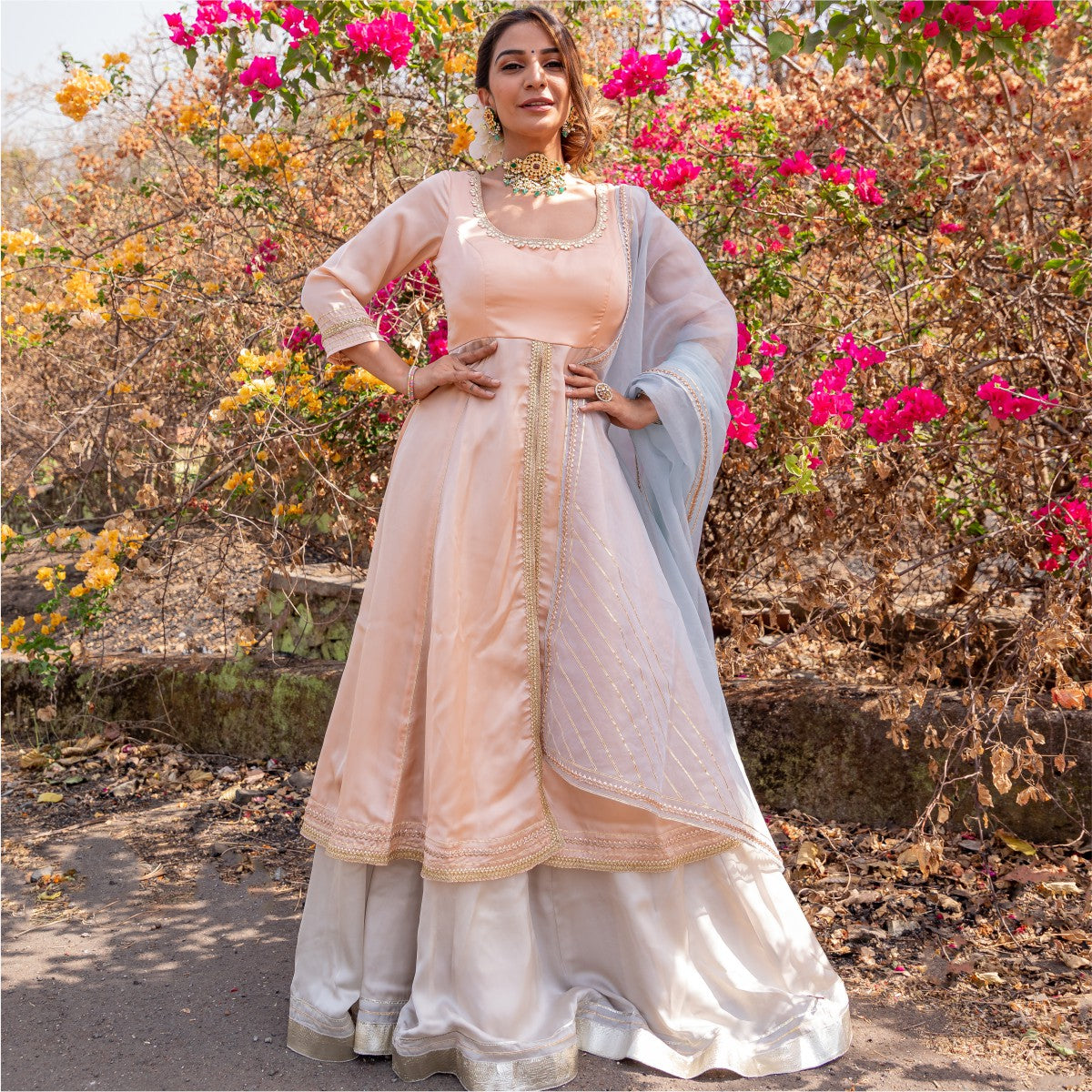 Peach and Grey Anarkali Skirt Set