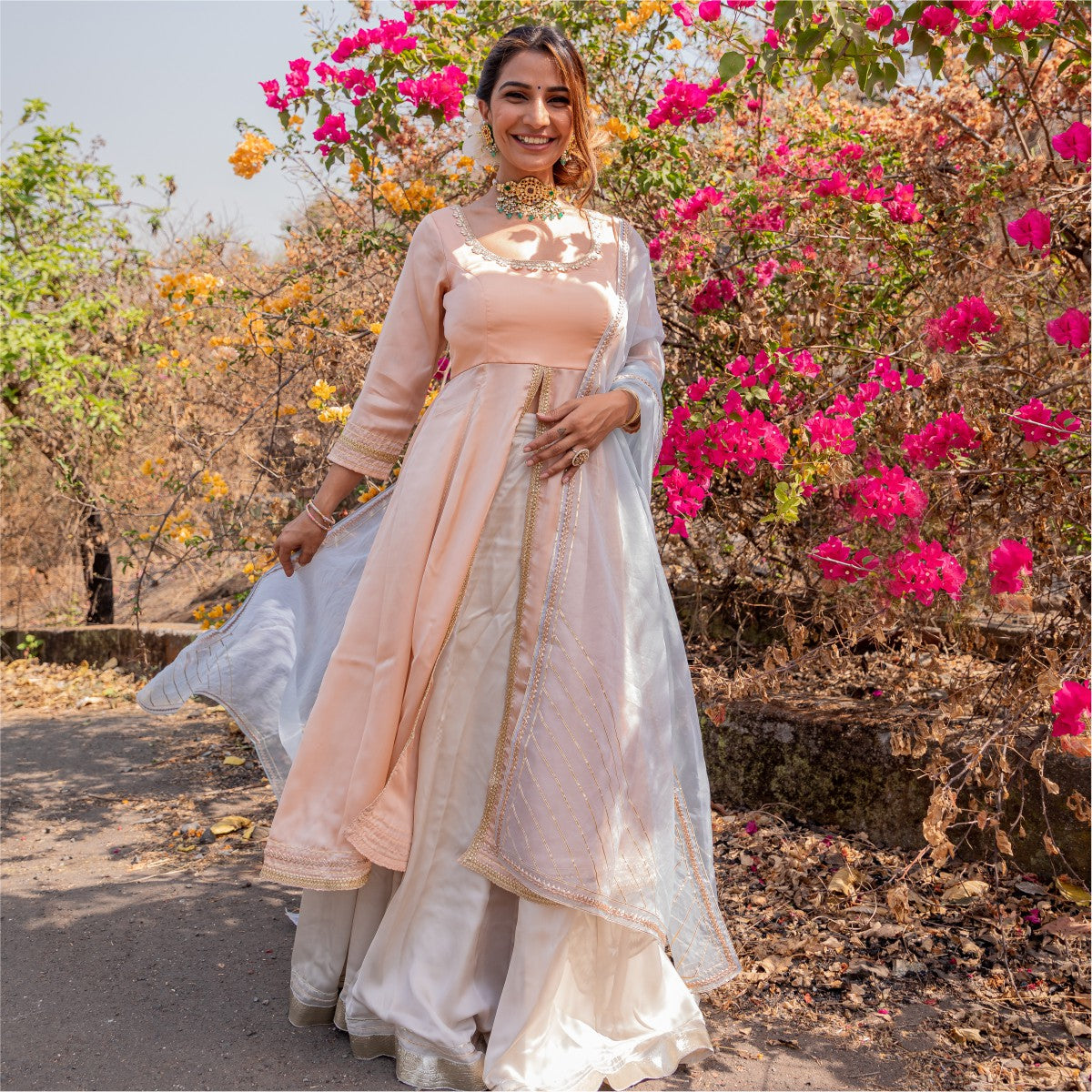 Peach and Grey Anarkali Skirt Set