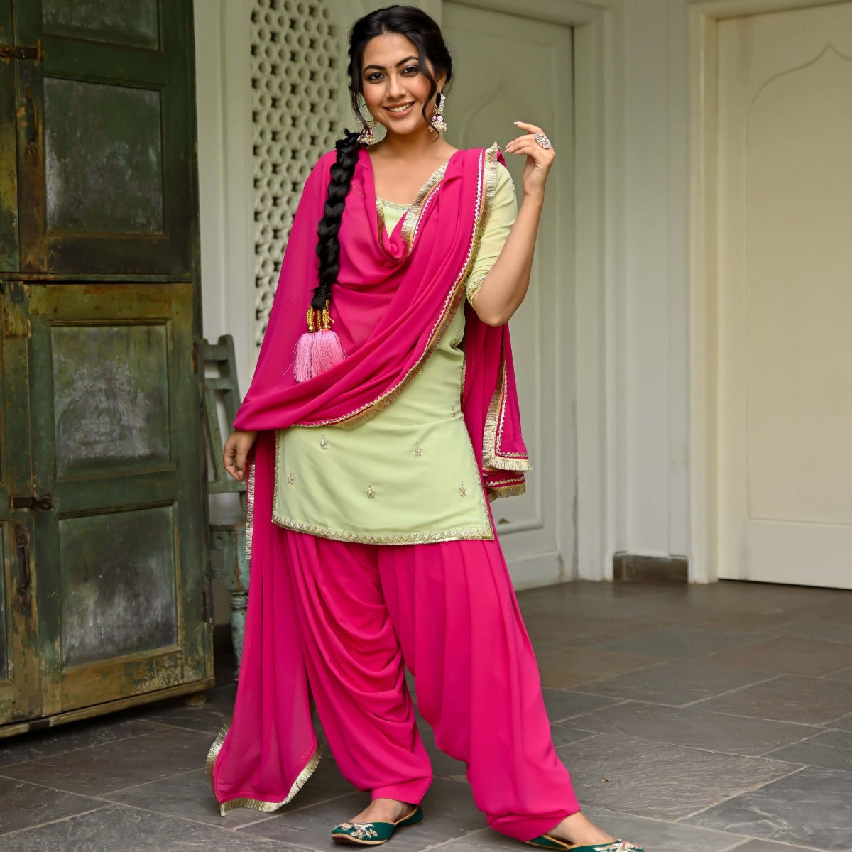 Green And Pink Kurta Patiala Set