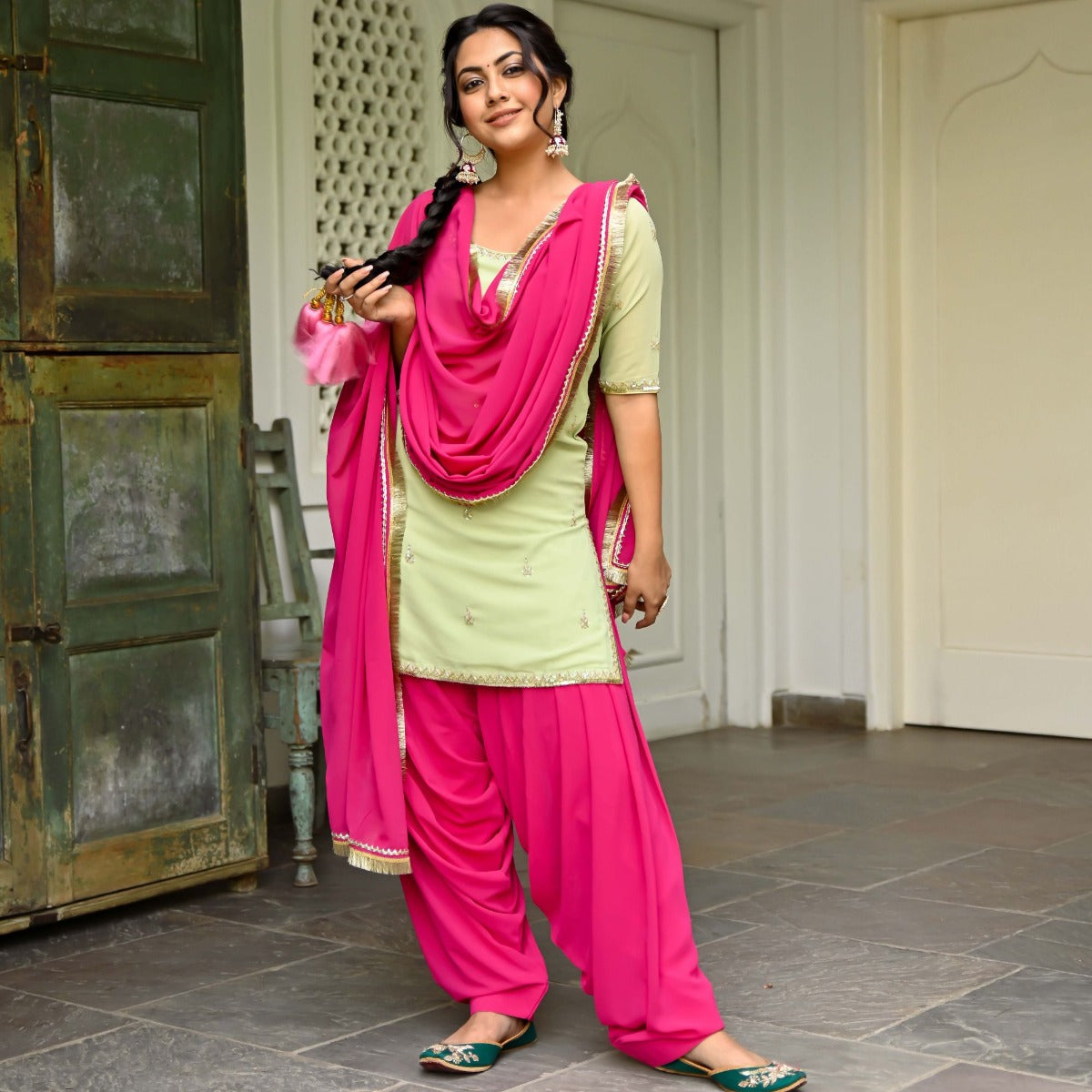 Green And Pink Kurta Patiala Set