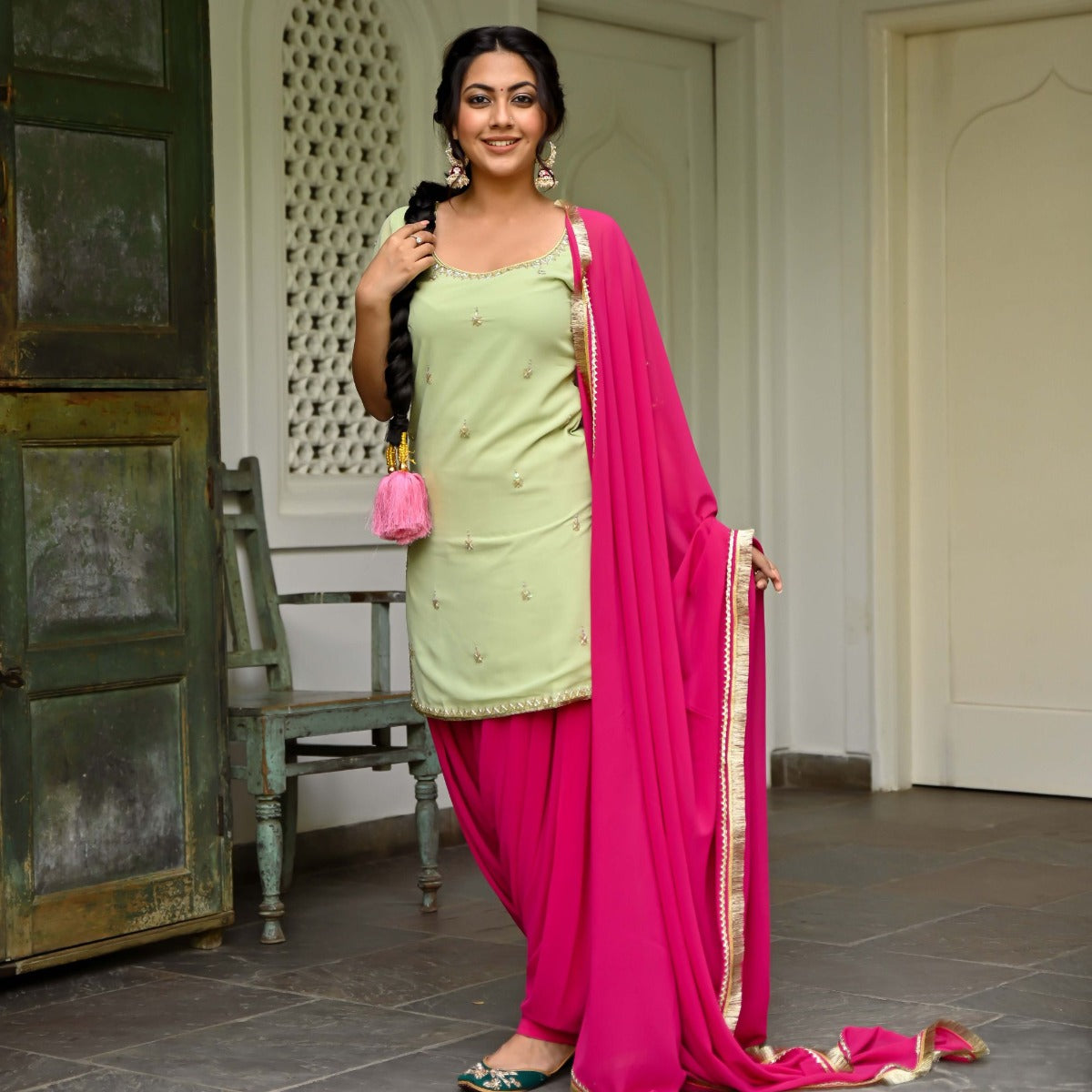 Green And Pink Kurta Patiala Set