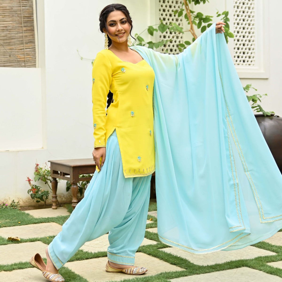 Yellow and Blue Kurta and Patiala Set