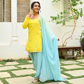 Yellow and Blue Kurta and Patiala Set