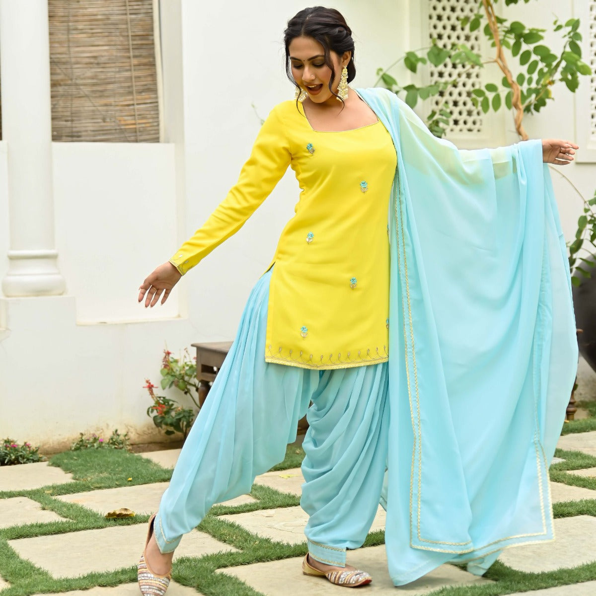 Yellow and Blue Kurta and Patiala Set