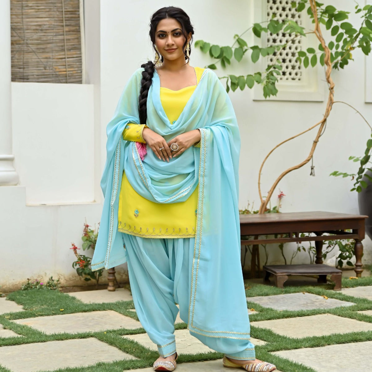 Yellow and Blue Kurta and Patiala Set