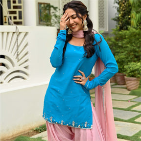 Blue and Pink Kurta Patiala Set