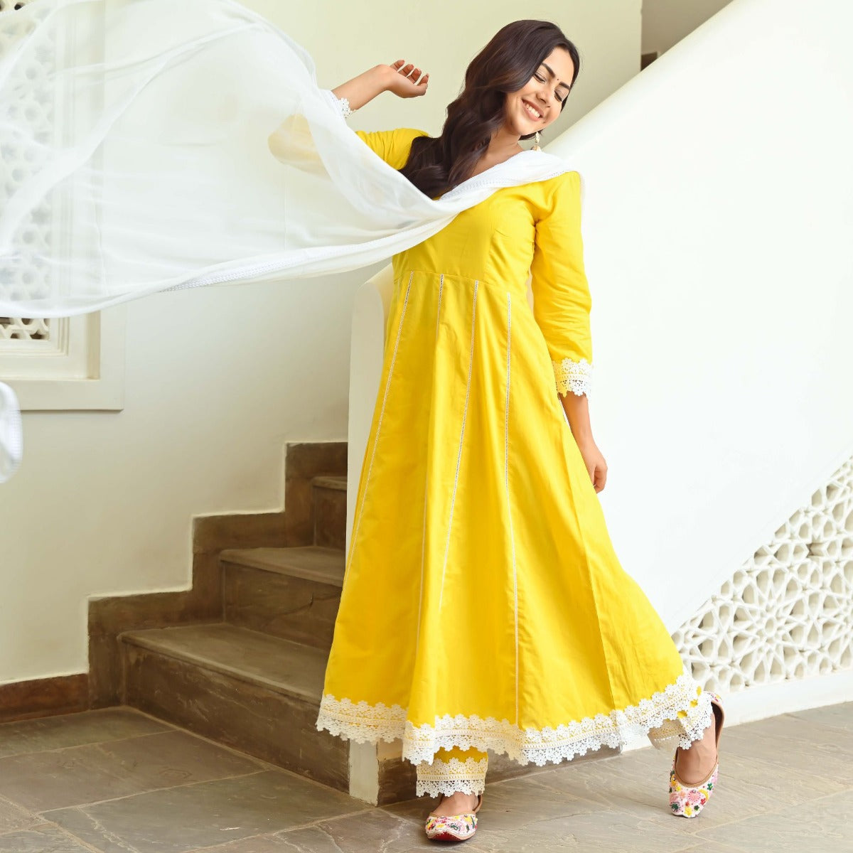 Yellow Cotton Anarkali Set