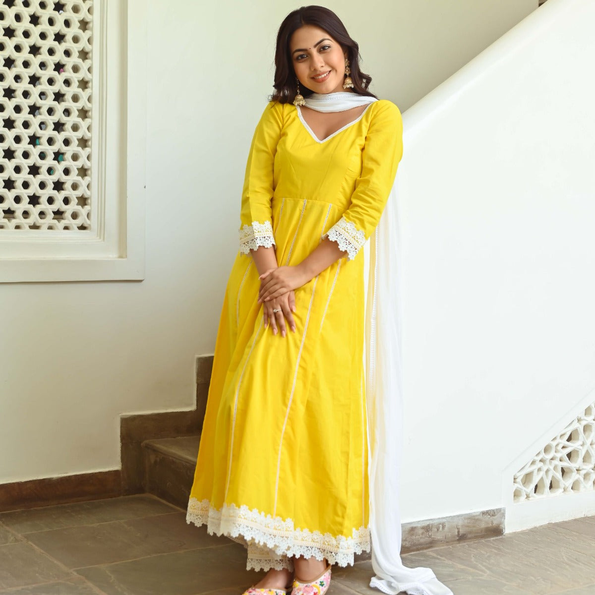 Yellow Cotton Anarkali Set