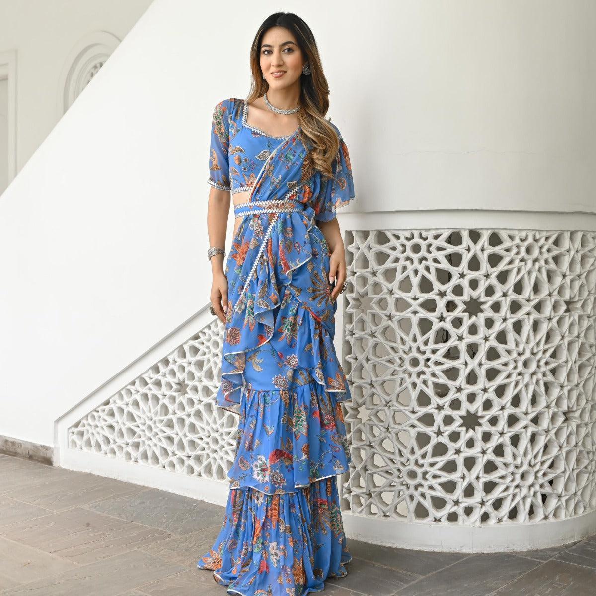 Sky Blue Printed Ruffle Saree