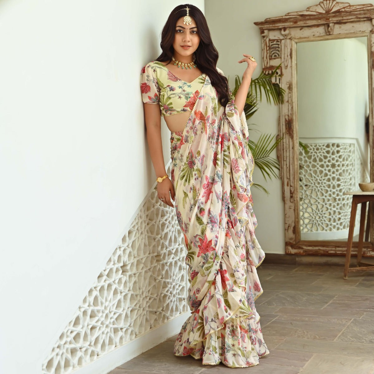 Light green Printed Ruffle Saree