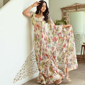 Light green Printed Ruffle Saree