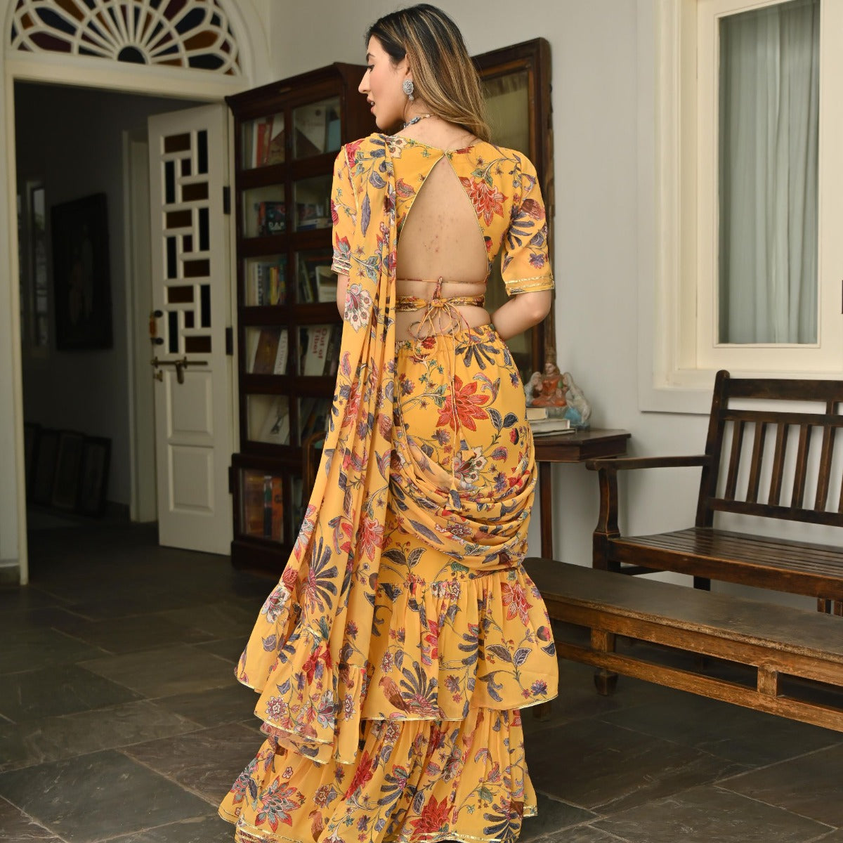 Yellow Printed Ruffle saree