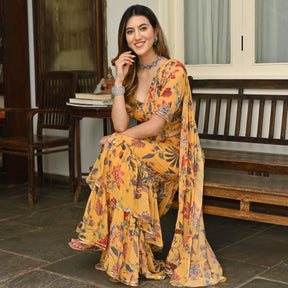 Yellow Printed Ruffle saree