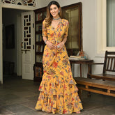 Yellow Printed Ruffle saree