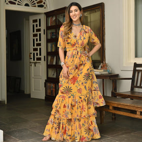 Yellow Printed Ruffle saree