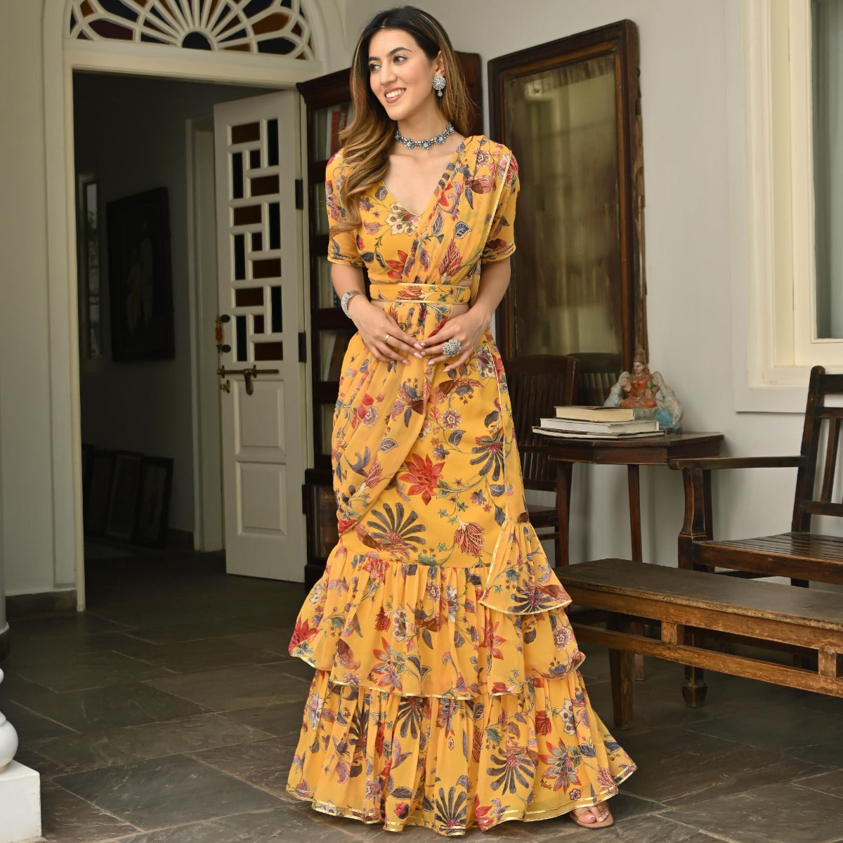 Yellow Printed Ruffle saree