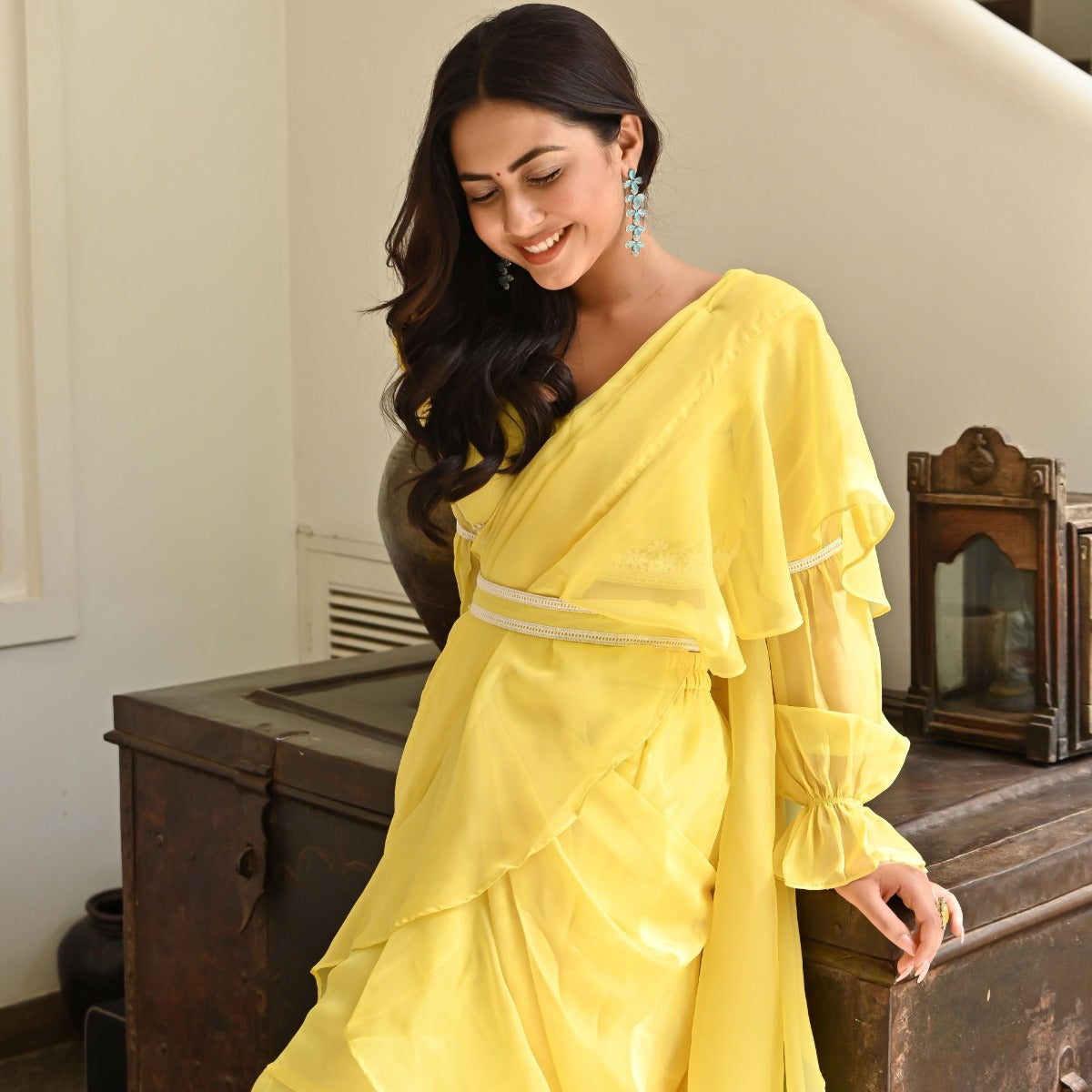 Lemon Yellow Ruffle Saree