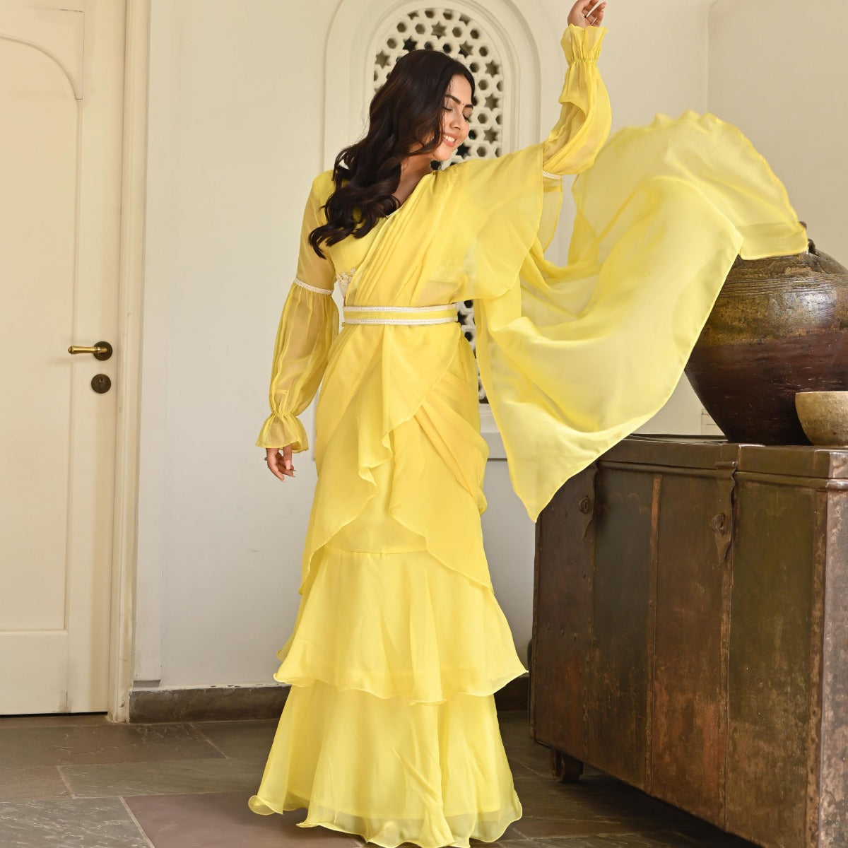 Lemon Yellow Ruffle Saree