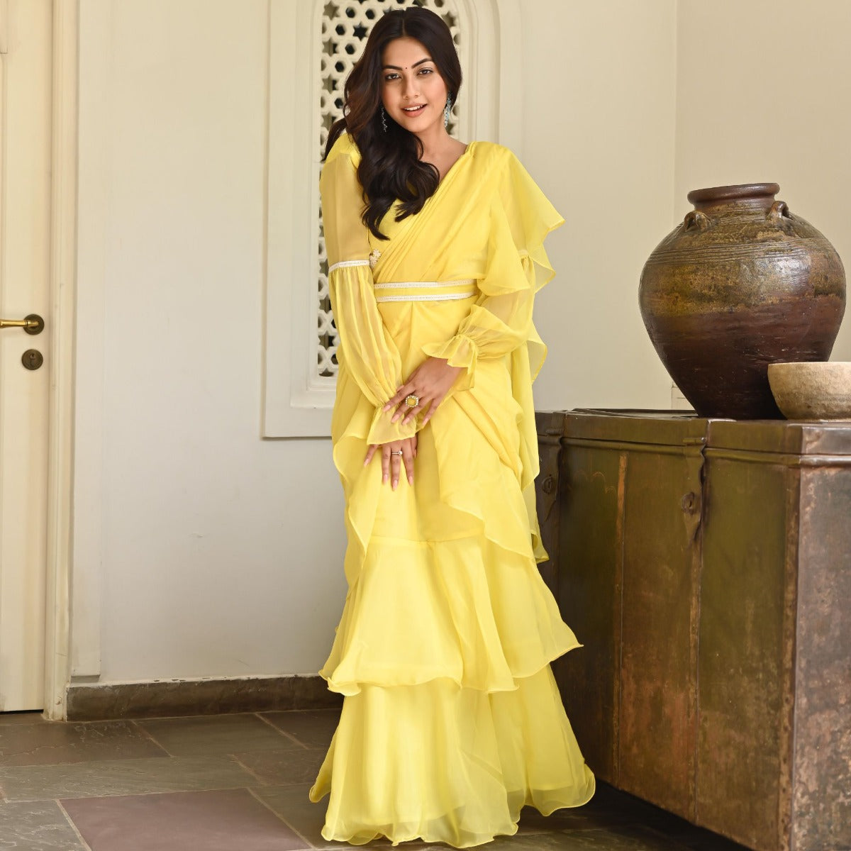 Lemon Yellow Ruffle Saree