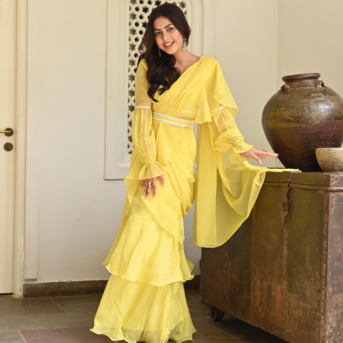 Lemon Yellow Ruffle Saree