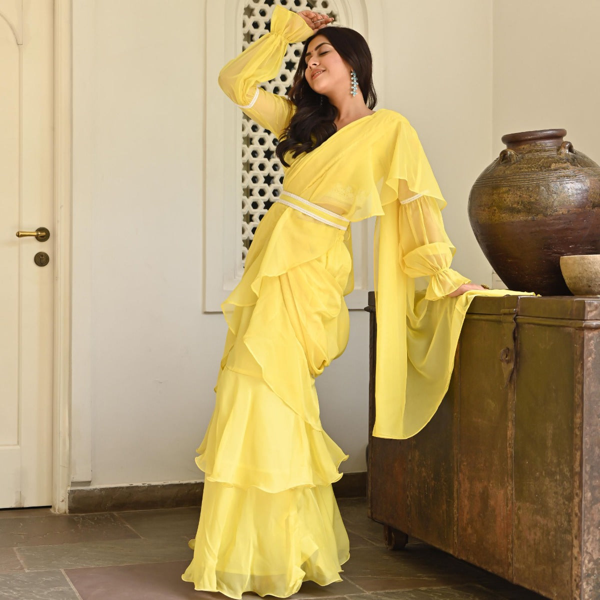 Lemon Yellow Ruffle Saree