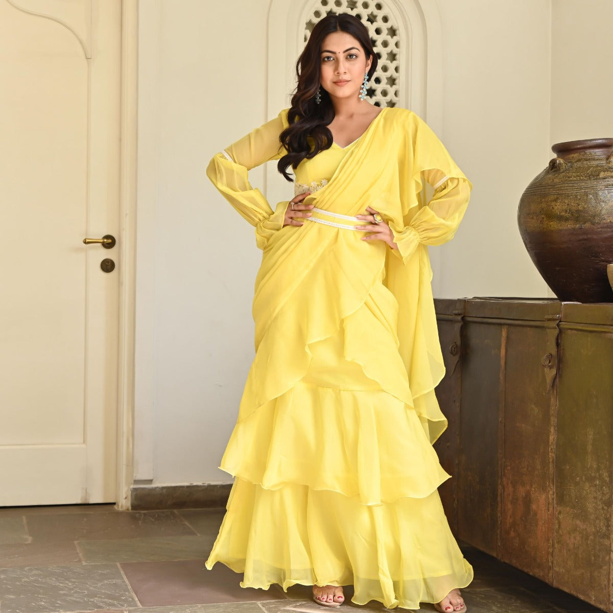 Lemon Yellow Ruffle Saree