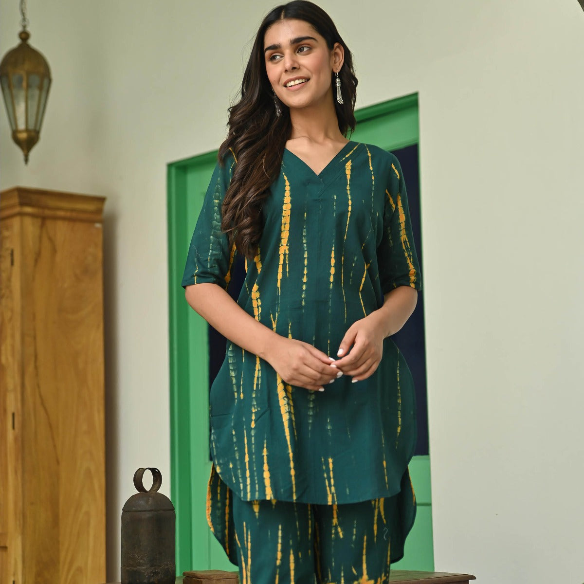 Dark Green Shibori Kurta Set