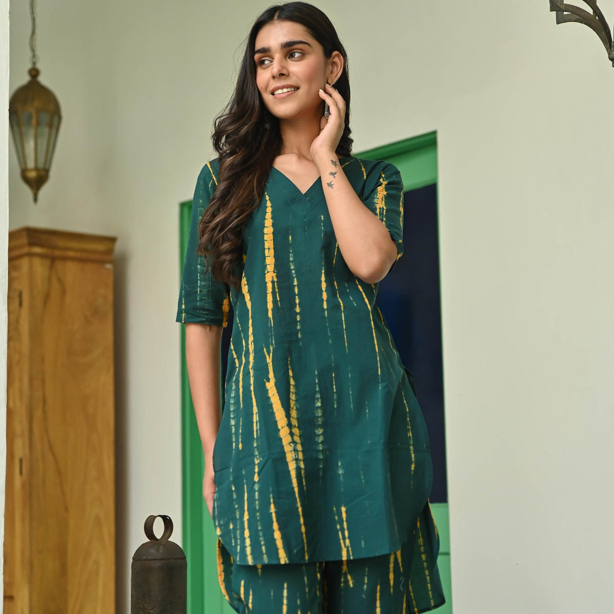 Dark Green Shibori Kurta Set