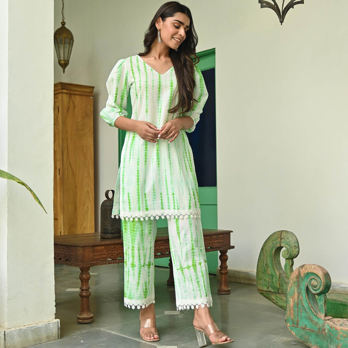 Parrot Green Shibori Kurta Set