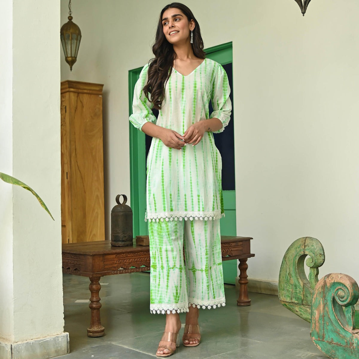 Parrot Green Shibori Kurta Set