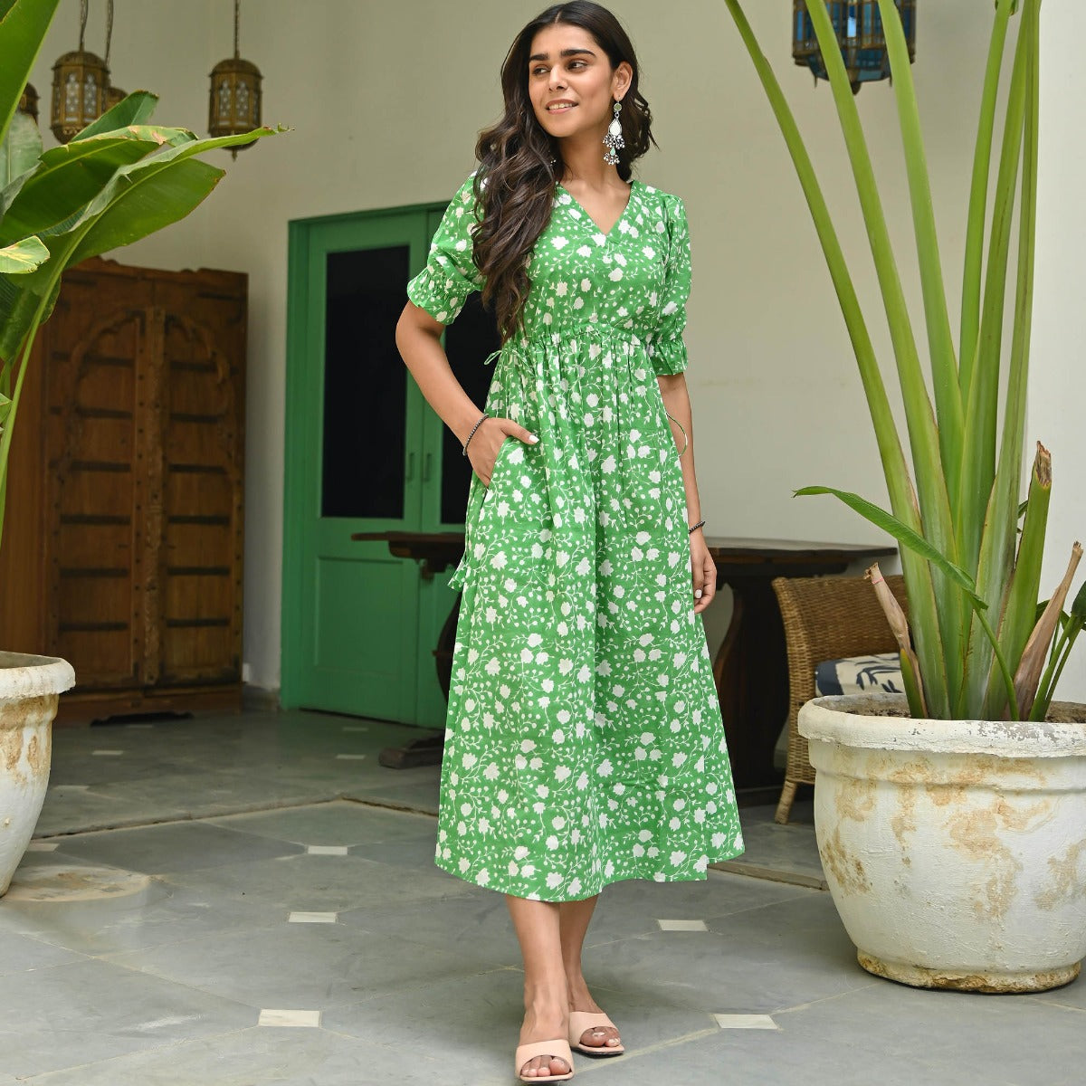 Green Printed Cotton Dress