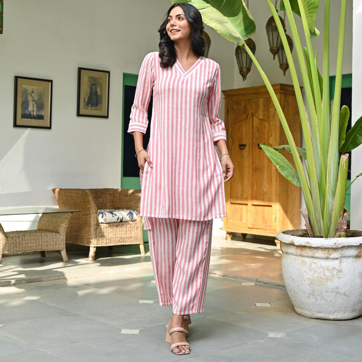 Pink Striped Kurta Set