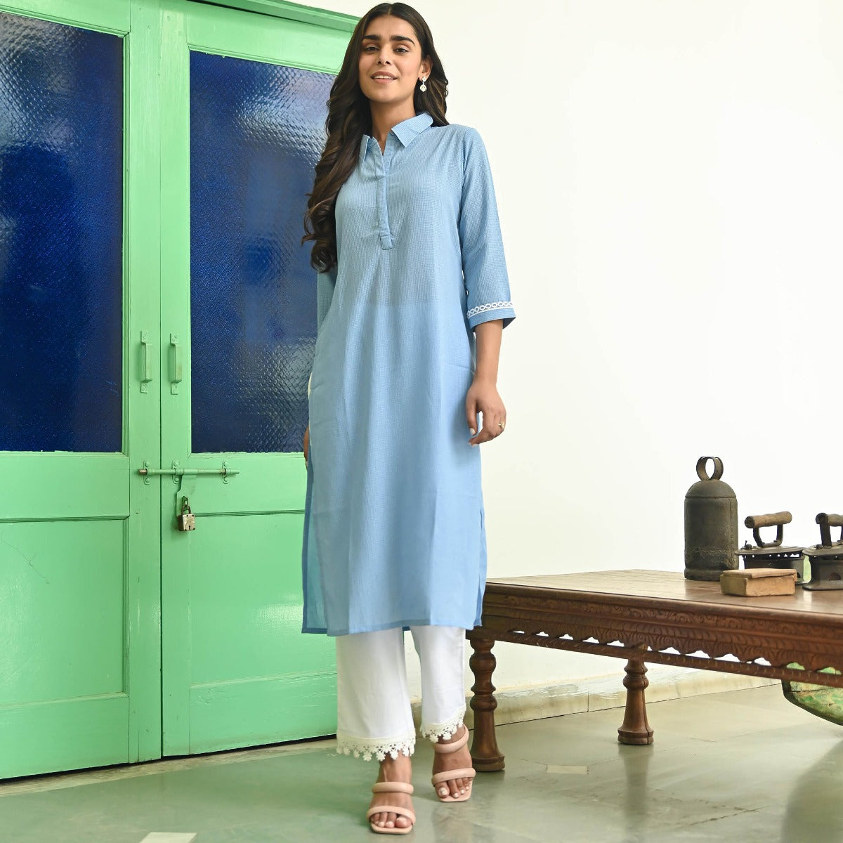 Blue Straight Kurta with Pants