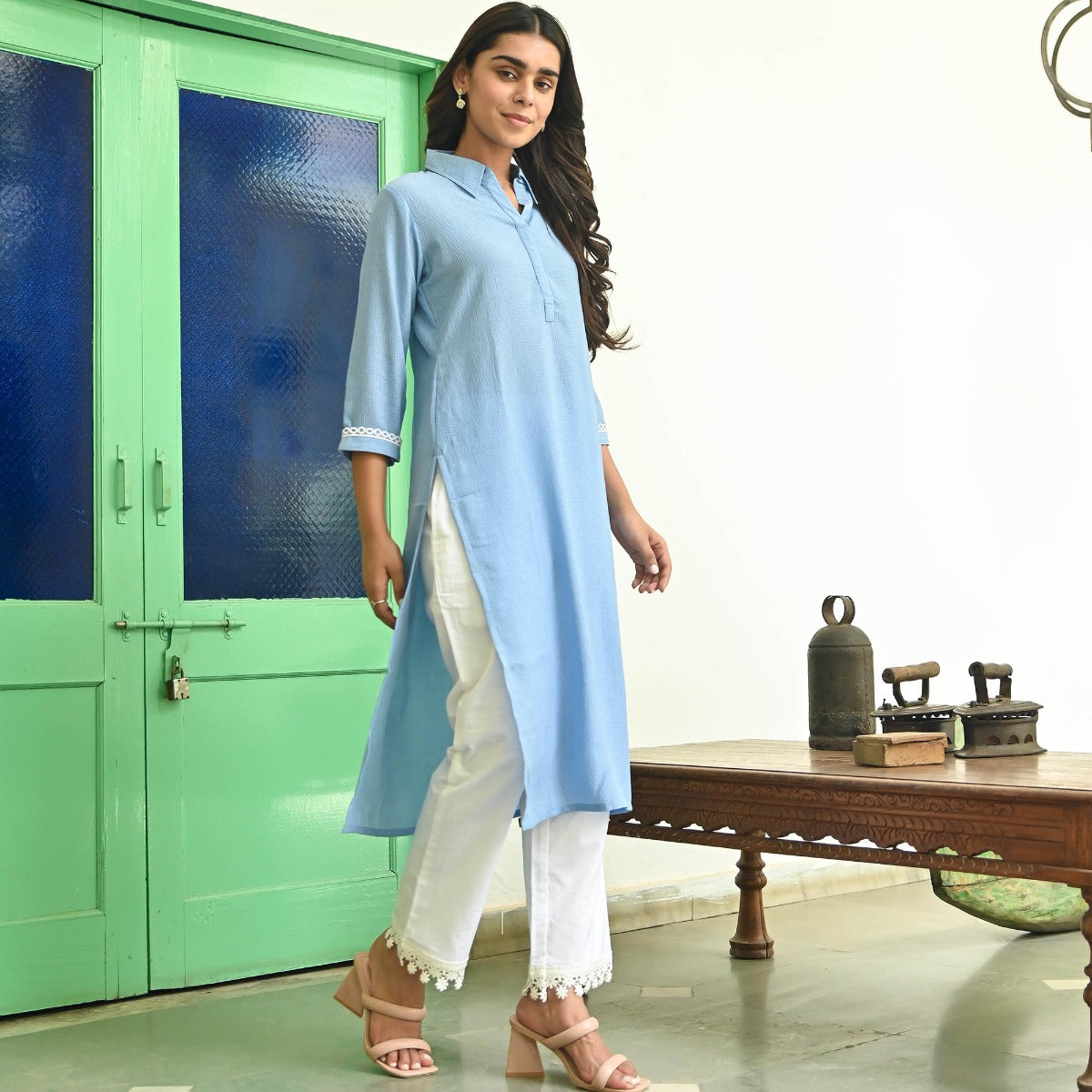 Blue Straight Kurta with Pants