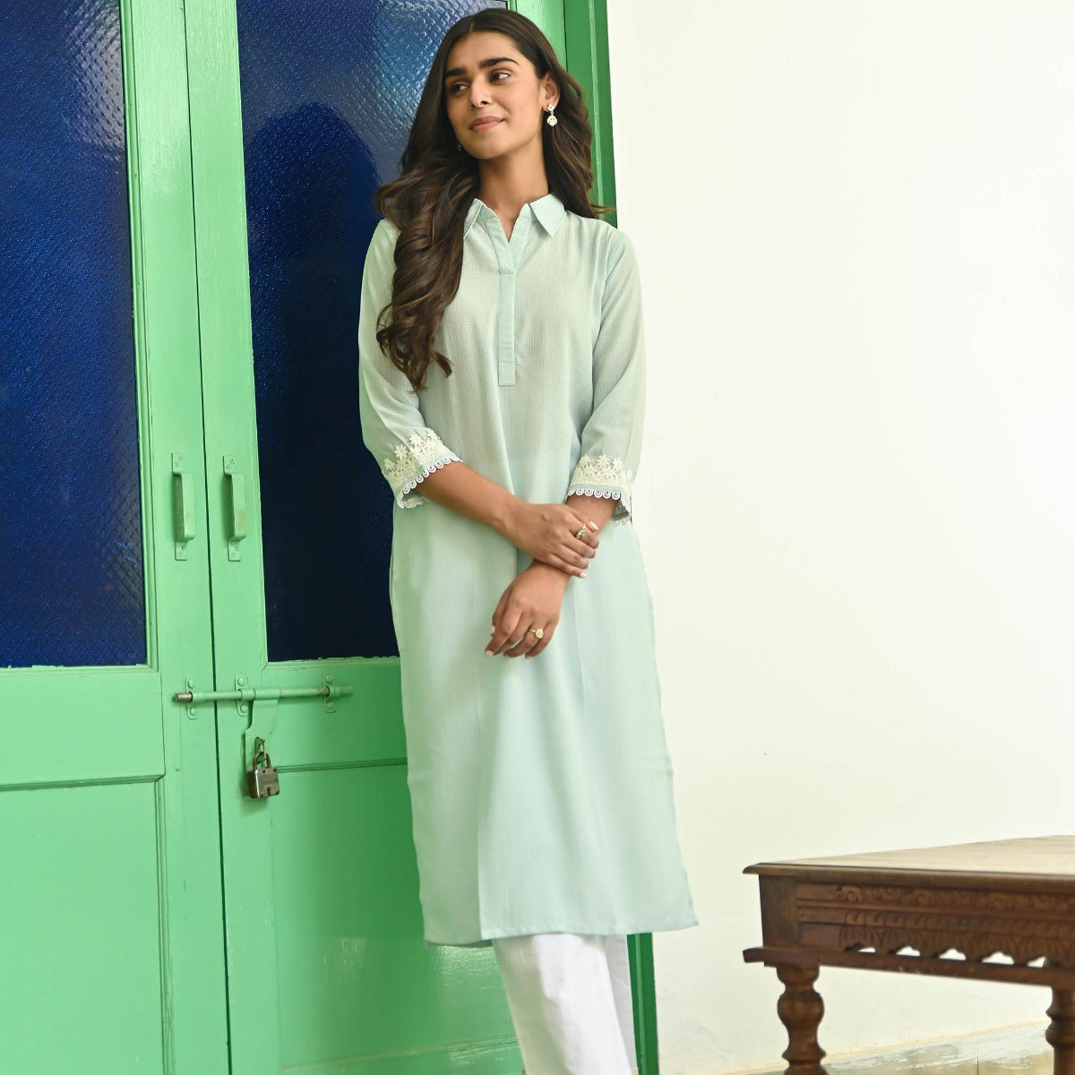 Light Blue Straight Kurta with Pants