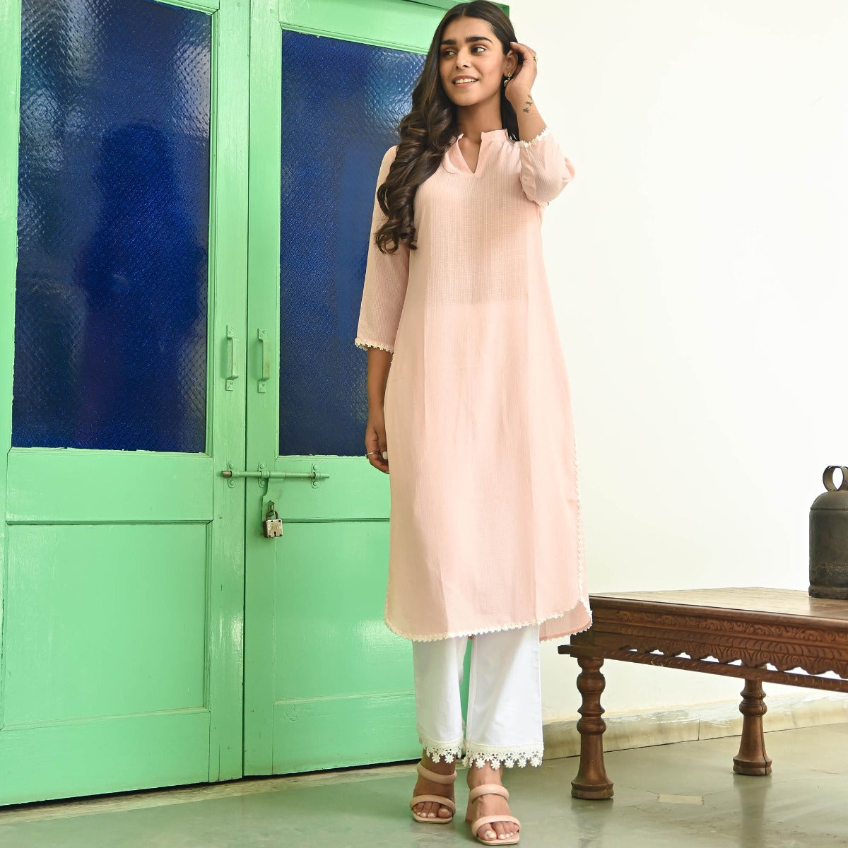 Peach Straight Kurta with Pants