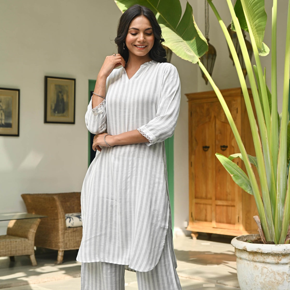 Grey Striped Kurta Set