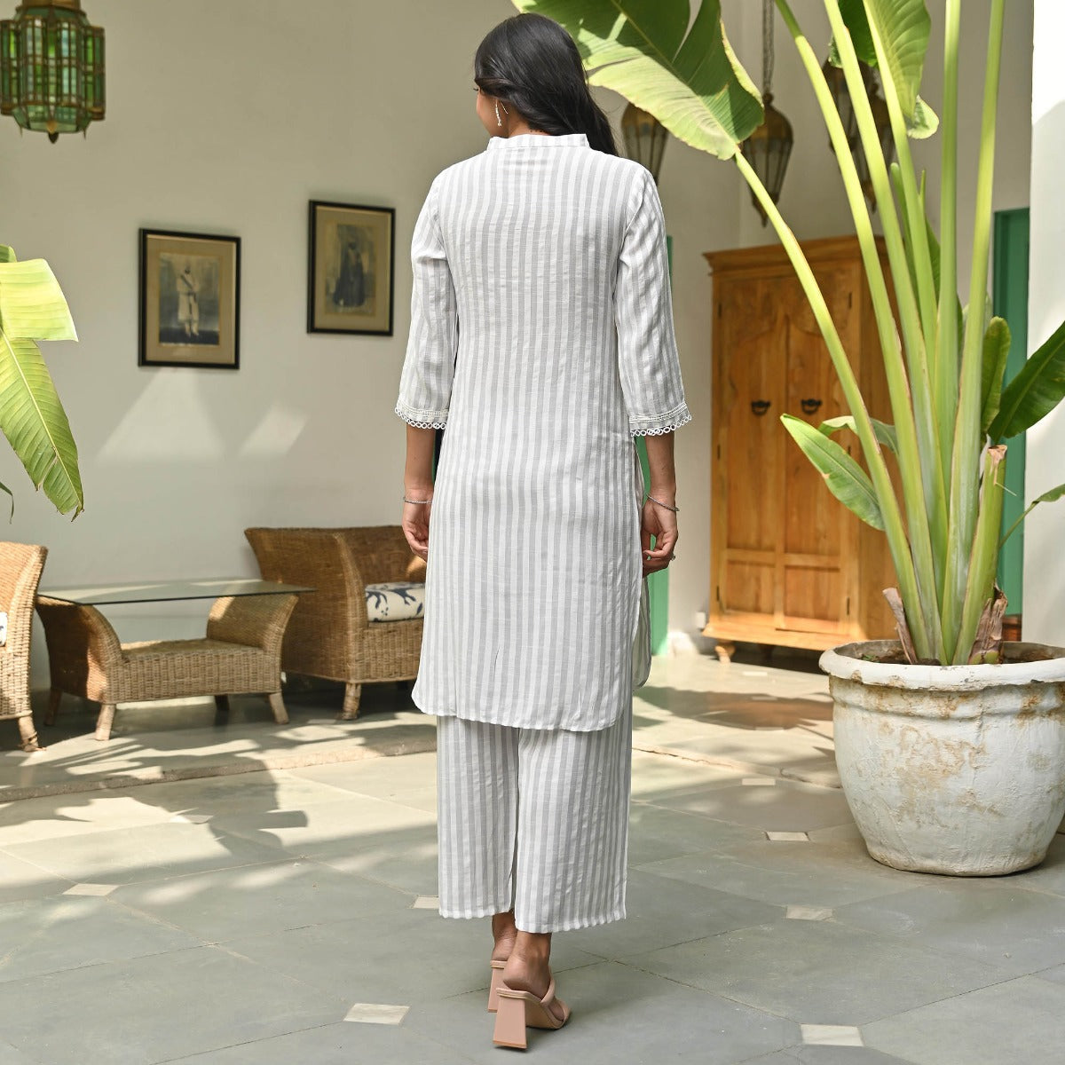 Grey Striped Kurta Set