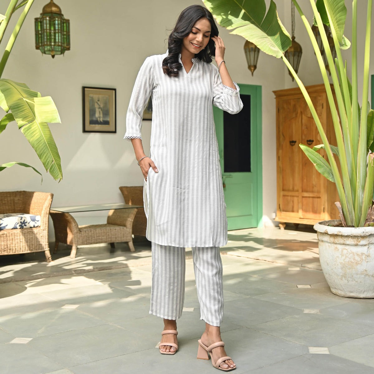 Grey Striped Kurta Set