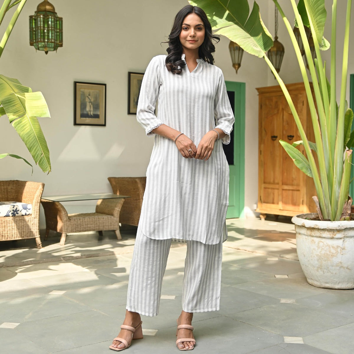 Grey Striped Kurta Set