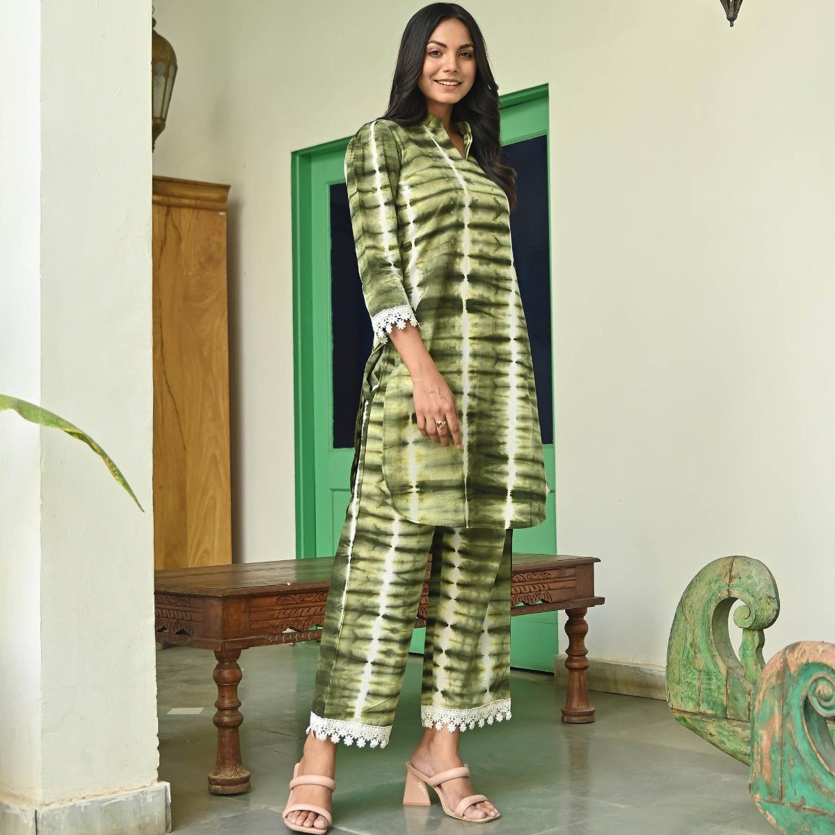 Olive Green Shibori Kurta Set