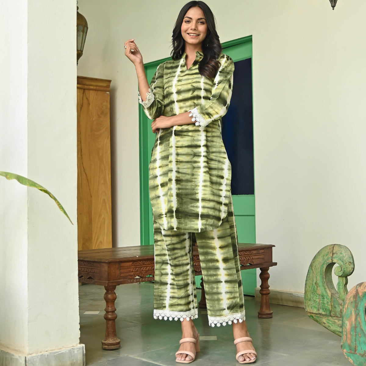 Olive Green Shibori Kurta Set