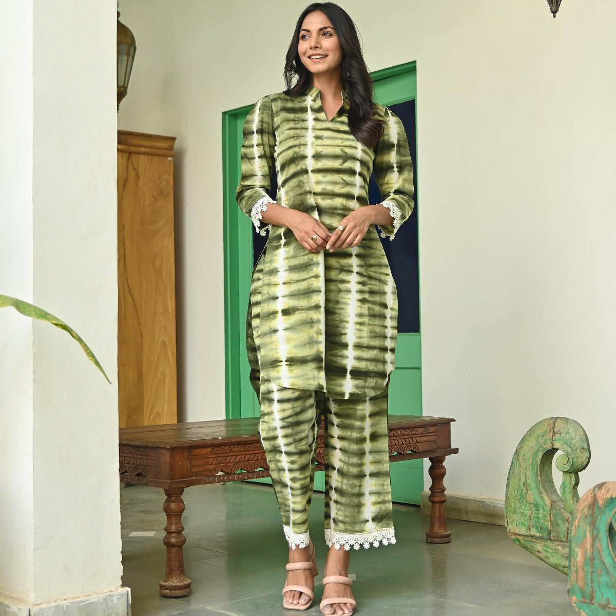 Olive Green Shibori Kurta Set