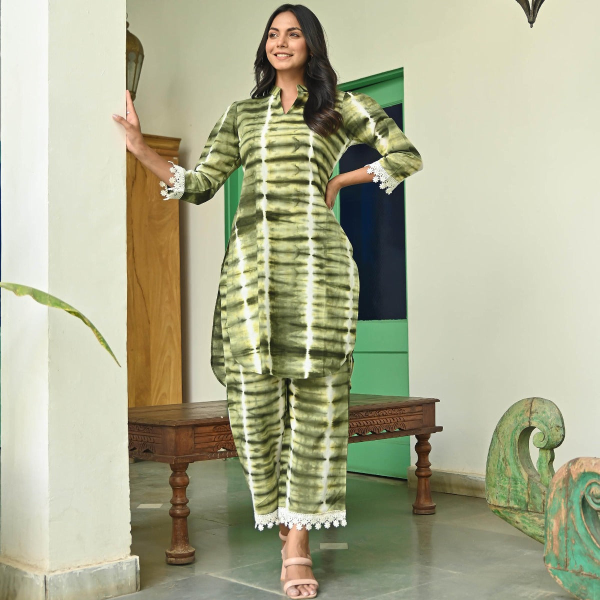 Olive Green Shibori Kurta Set